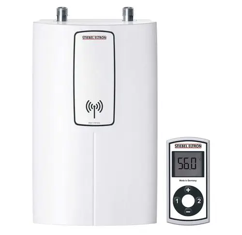Stiebel-Eltron Kompakt-Durchlauferhitzer in Weiß mit digitalem Bedienfeld und Temperaturanzeige, geeignet für Warmwasserversorgung.